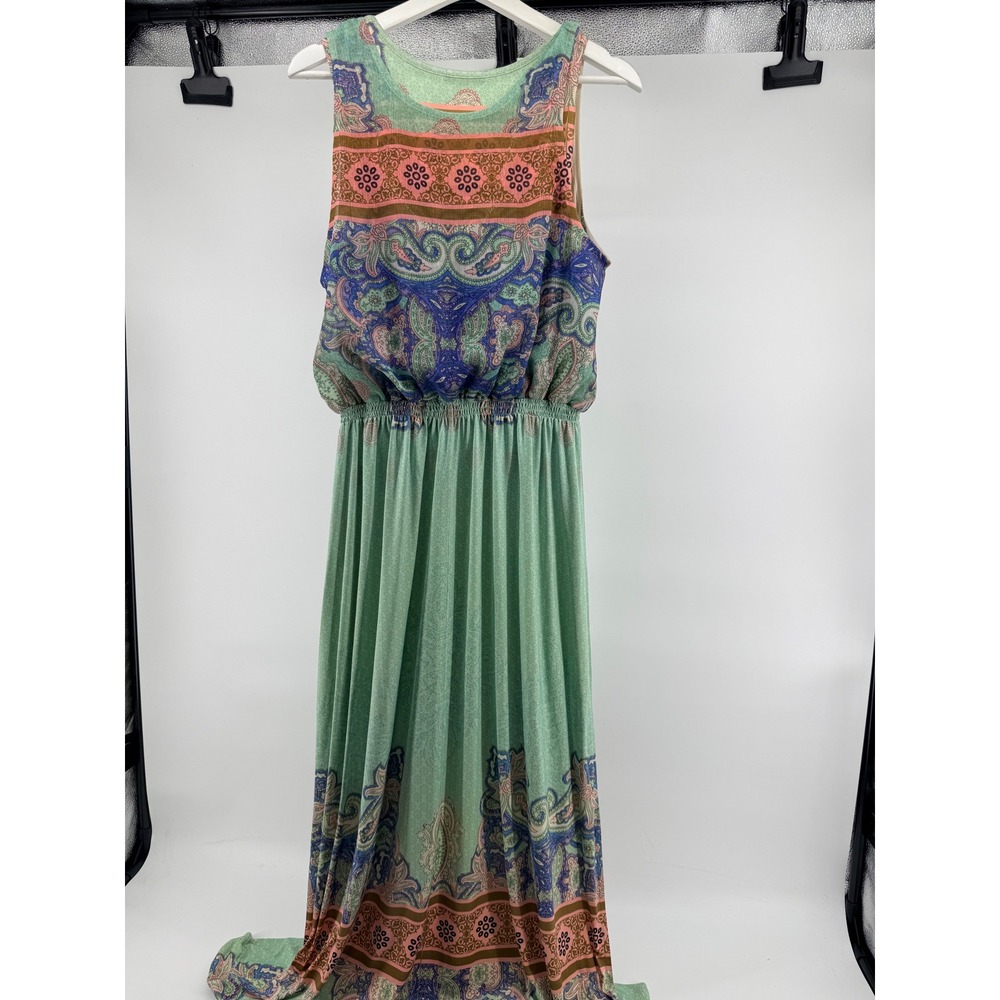 Boston Proper Womens Paisley Blouson Maxi Dress Green Blue Pink Sleeveless Large